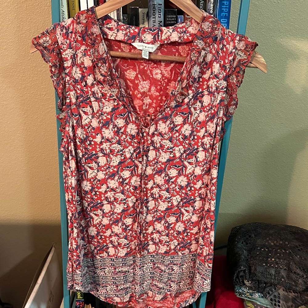Lucky Brand Red and Blue Floral Sleeveless Blouse